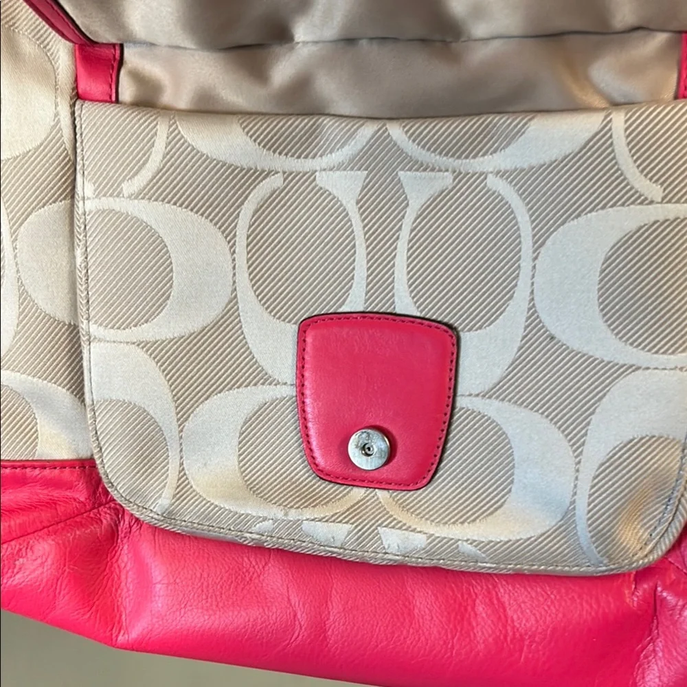 Coach Beige Signature Canvas Shoulder Bag with Pink Trim